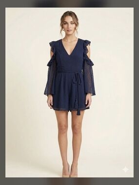 Navy Cold-Shoulder V-Neck Romper